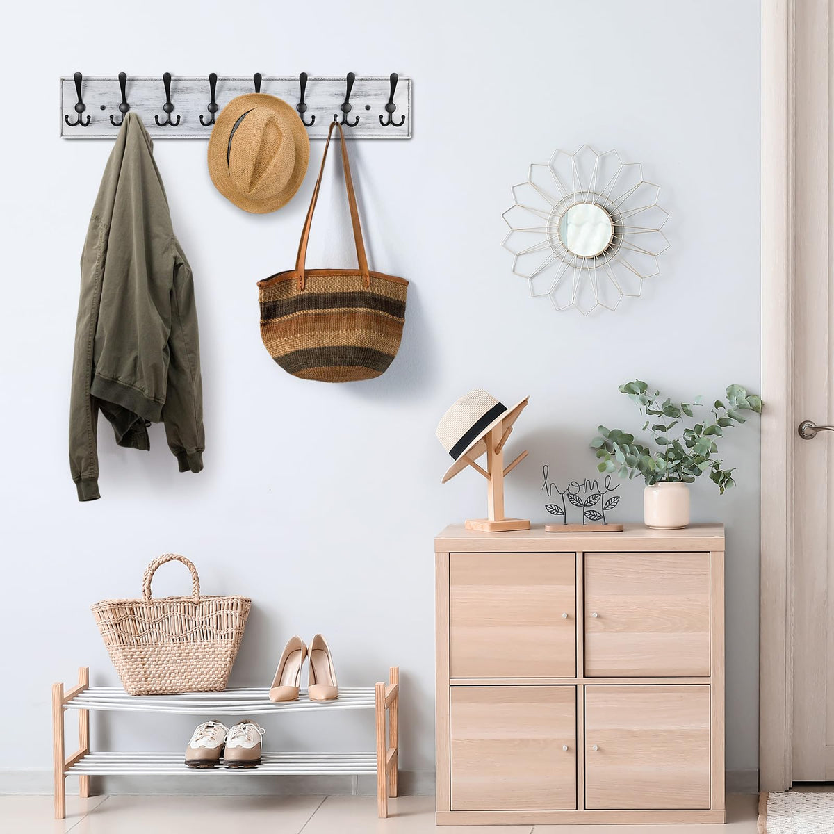 PHINGEER Wall Mounted Coat Hooks, Wooden Heavy Duty Coat Rack for Wall,8 Triple Coat Hanger Hooks for Hanging Coats,Jacket,Hat,Clothes(Grey White, 8