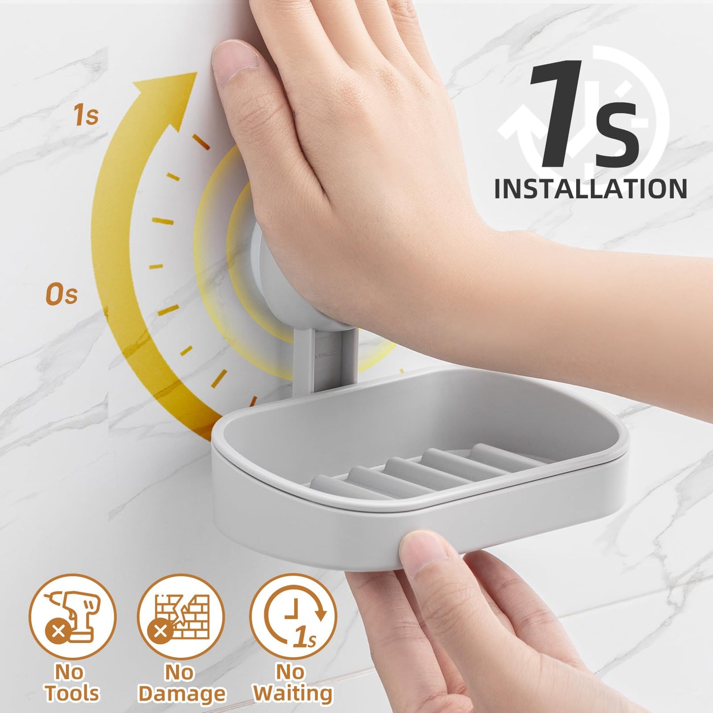 LEVERLOC Soap Dish for Shower, Drill-Free Suction Sponge Holder,Grey