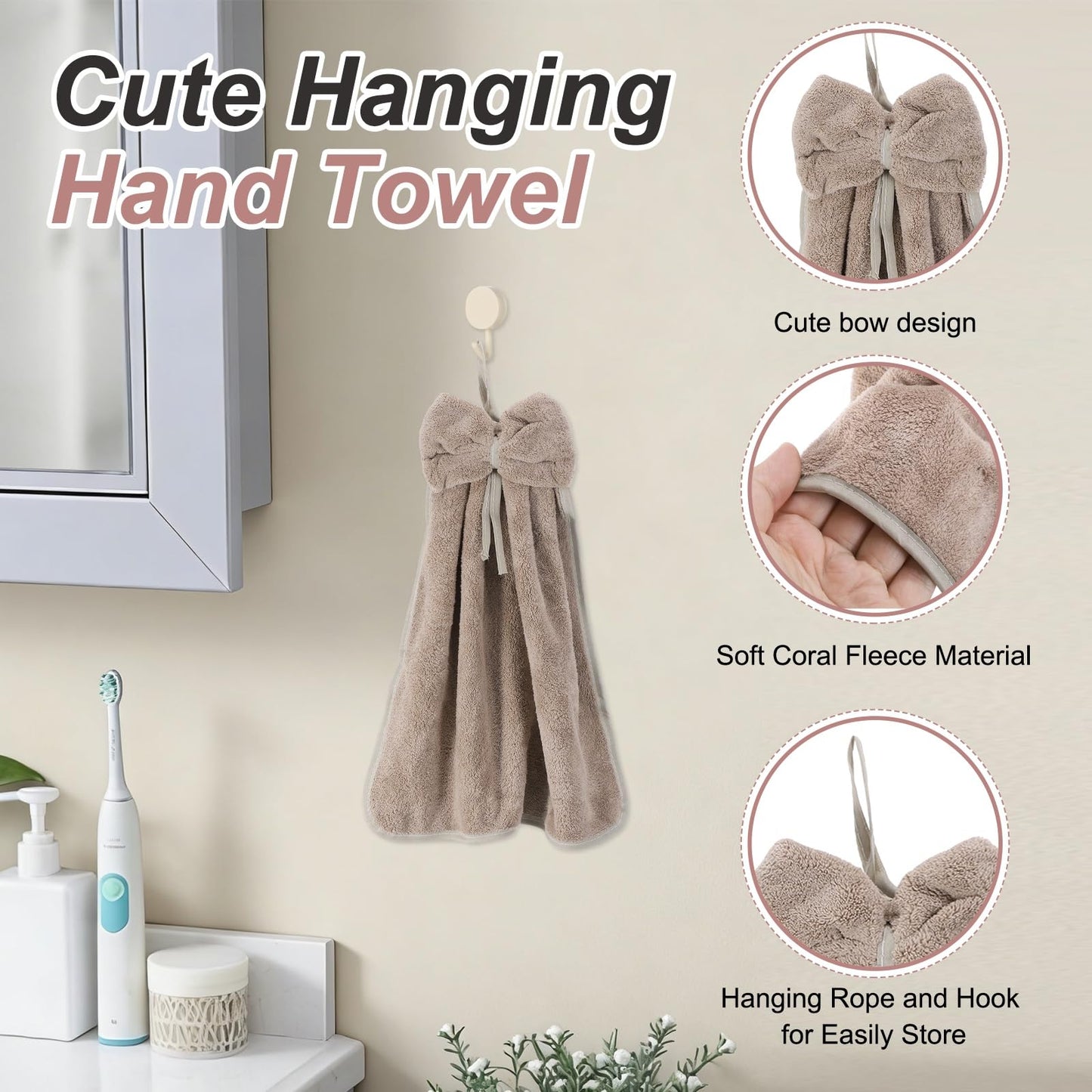 sourcing map 4Pcs Bow Hand Towels with Hanging Loop, 14.2" x 12.2" Soft Coral Fleece Microfiber Bowknot Hanging Hand Dry Towels Quick Dry and