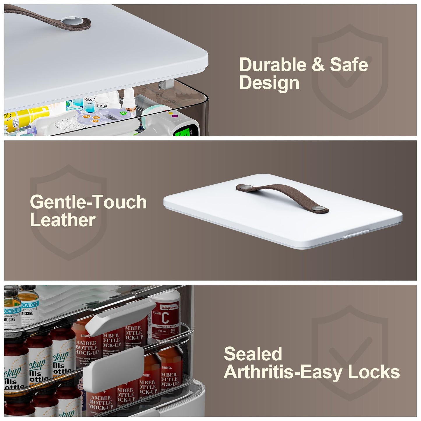 CTIME Extra Large 4 -Tier Medication Organizer - Portable with Leather Handle, Ideal for Household and Travel 14.6 x 9.6 x 12. 6 in Family First Aid