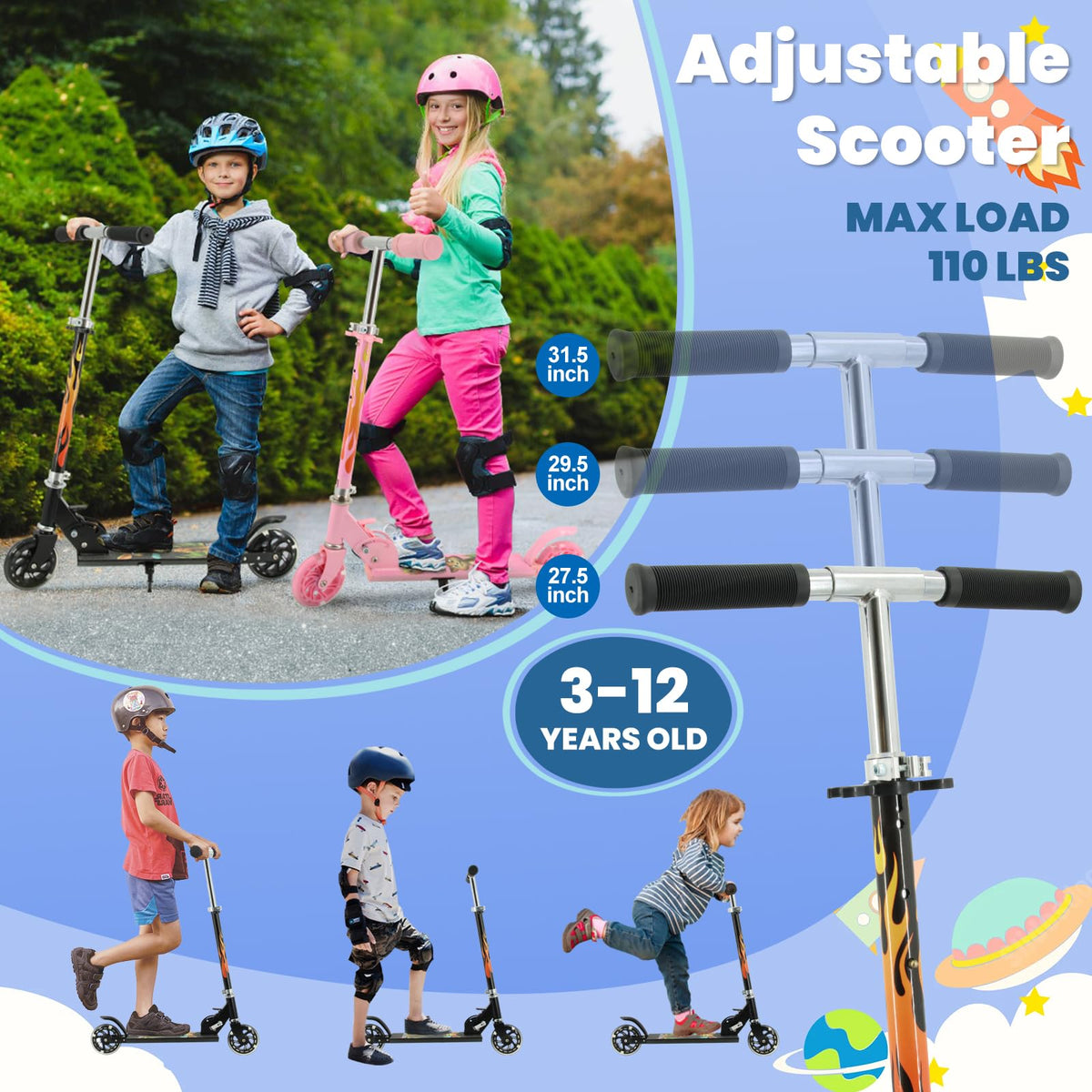 TENBOOM Scooter for Kids Ages 4-7, 2 Wheels Light Up Gift Scooters for Girls Boys Ages 6-12, Easy Folding Kids Scooter with 3 Levels Adjustable