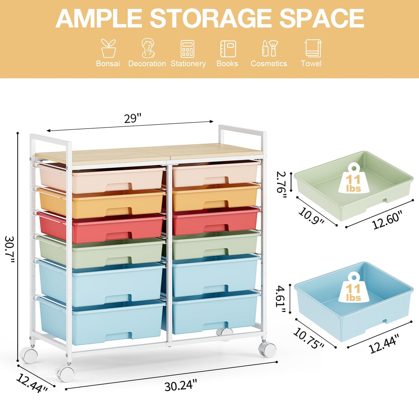 12-Drawer Craft Organizer Trolley Cart with Wooden Top
