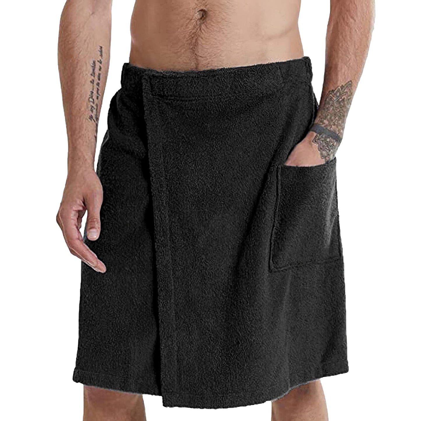 Jamron Mens Adjustable Bath Towel Wrap - Wearable Towel Skirt with Pocket for Gym Shower Sauna Spa & Beach Cover Ups Black L