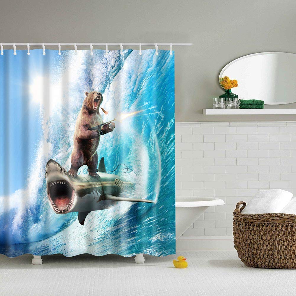 BOYOUTH Bear Standing on the Shark Pattern Digital Print Shower Curtains for Bathroom Decor,Polyester Waterproof Fabric Bath Curtain with 12