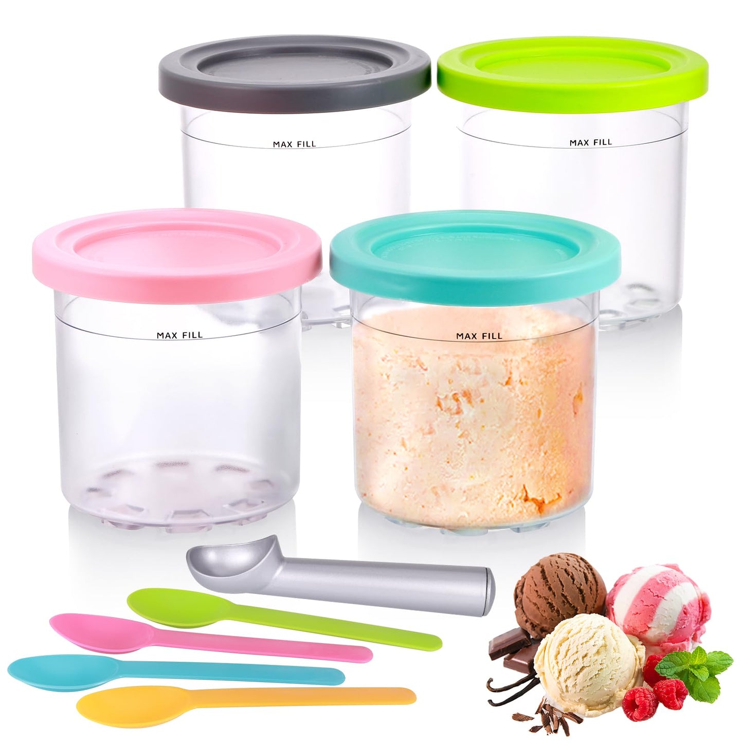 Hejo 4 Pack Ice Cream Tubs for Ninja CREAMi NC300UK Series, 16 oz Pint Containers with Lid for Ninja Ice Cream Accessory Includes 4 Spoons + Aluminum
