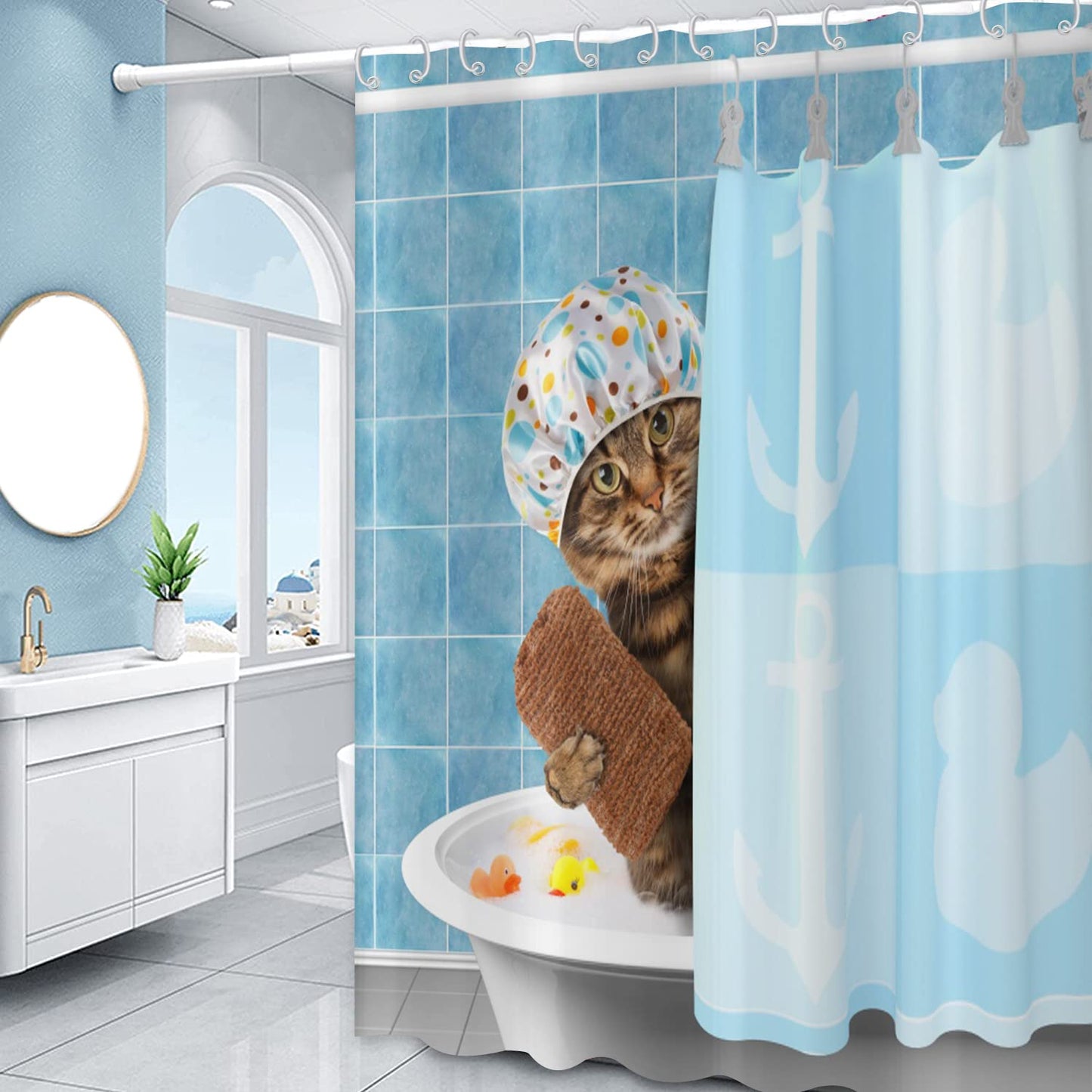 ASDCXZ Shower Curtain Funny 180x180 cm, Blue Funny Cat Bathtub Showers Child Shower Curtains Fabric Washable Polyester Textile Waterproof Shower