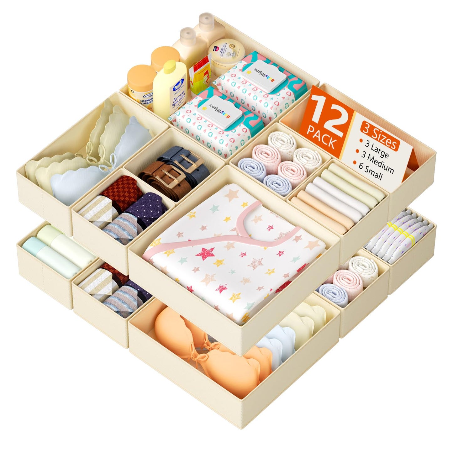 DIMJ Drawer Organisers Dividers for Clothes 12 Pack Baby Essentials Storage