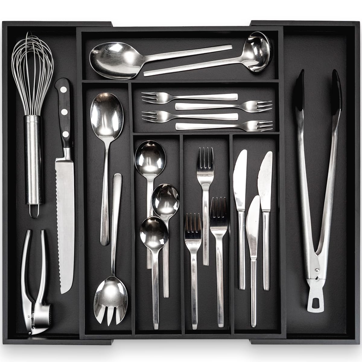 budu Cutlery Tray #45 (Depth 45 cm) Made of Bamboo - Black - Drawer Organiser System for the Kitchen - Cutlery Tray for Bamboo Drawers - Extendable -