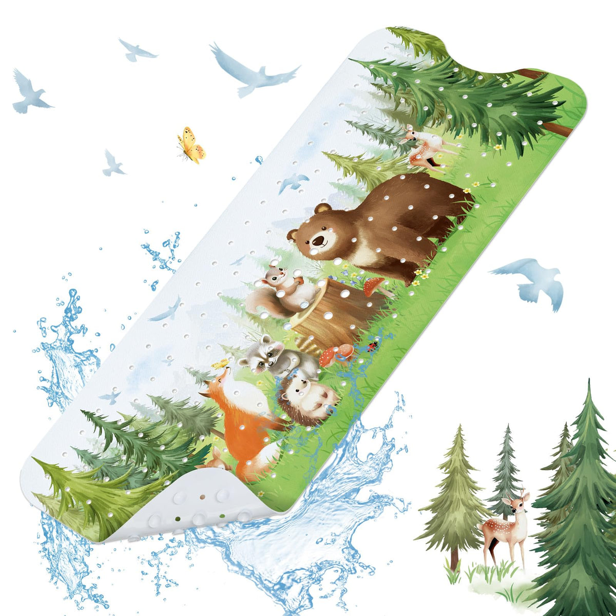 SHUCHING Woodland Animals Bath Mat Non Slip Kids, 100 X 40 cm Extra Long Baby Bathtub Mat Anti Slip, Childrens Shower Mat Non Slip Anti Mould for