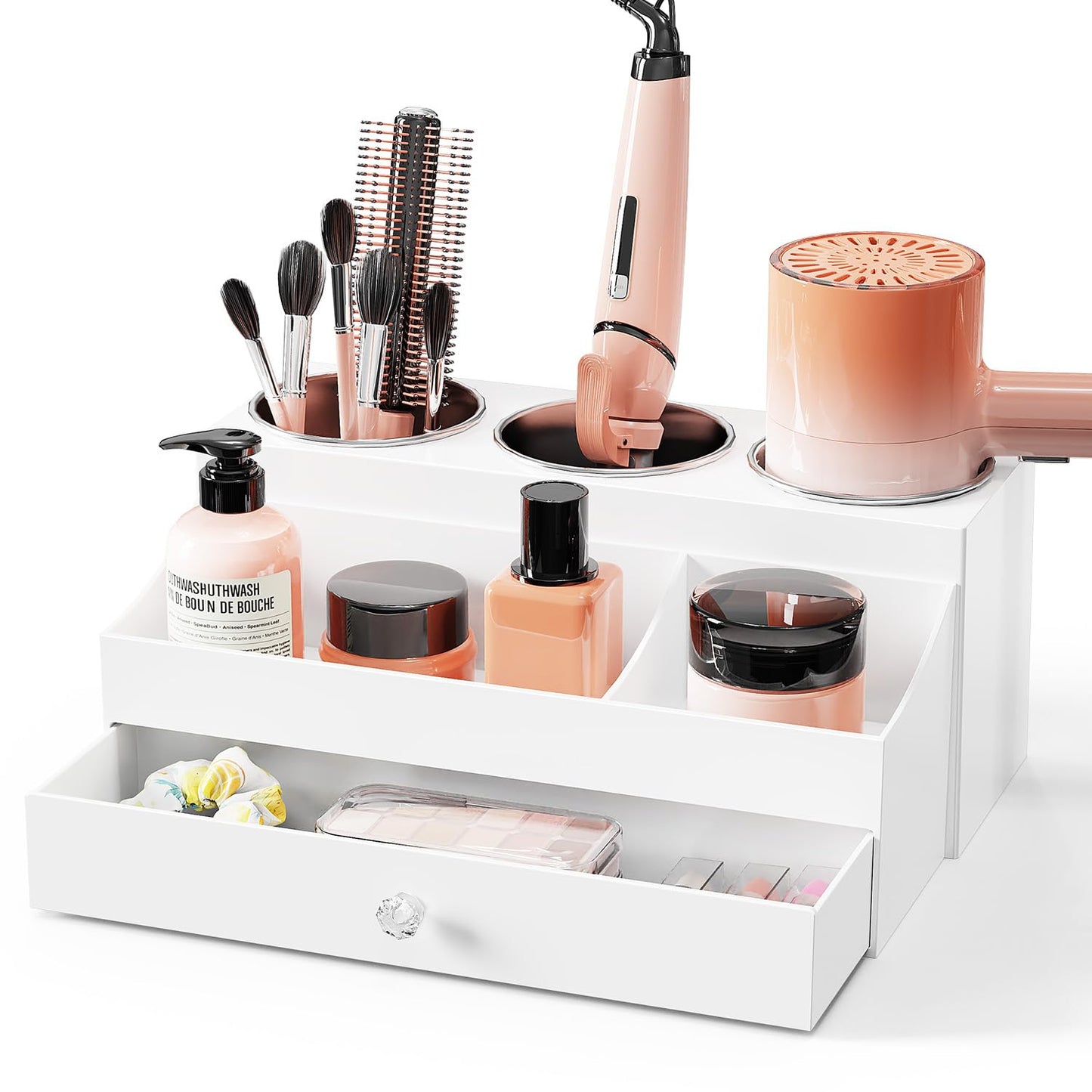 BYUNER Hair Tools Organiser, White Hairdryer Holder with Drawer, Acrylic Hair Dryer Holder for Dressing Table, Bathroom Counter Hair Dryer and