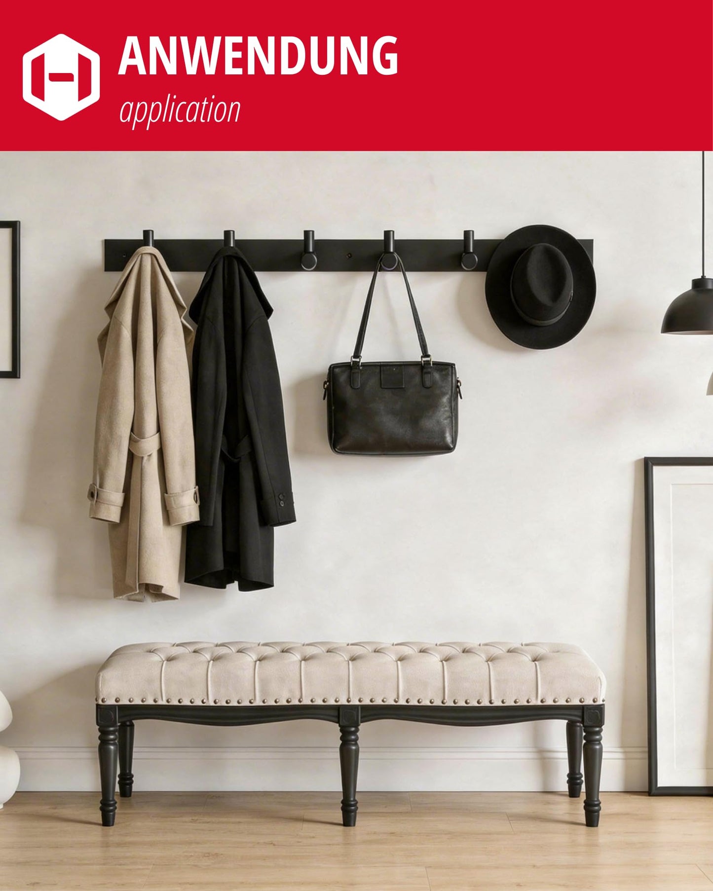 Gedotec Coat Hooks Black matt [6 Hooks] Coat Rail Hallway, Kitchen & Bathroom I Wall Coat Rack Moon I Hook Rail Black for screwing I Design Coat Rack