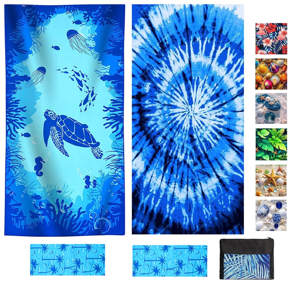 JAODFK 2 Pcs Microfibre Beach Towel 71"X32" Quick Dry Lightweight Sand Free Extra Large Blue Turtle Series Towels Travel Essentials For Adults Womens