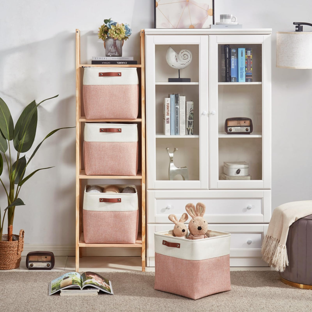 Mangata Collapsible Storage Cube Boxes, 28CM Cube Linen Woven Fabric Storage Baskets with Leather Handles 3PCS(Pink and White)