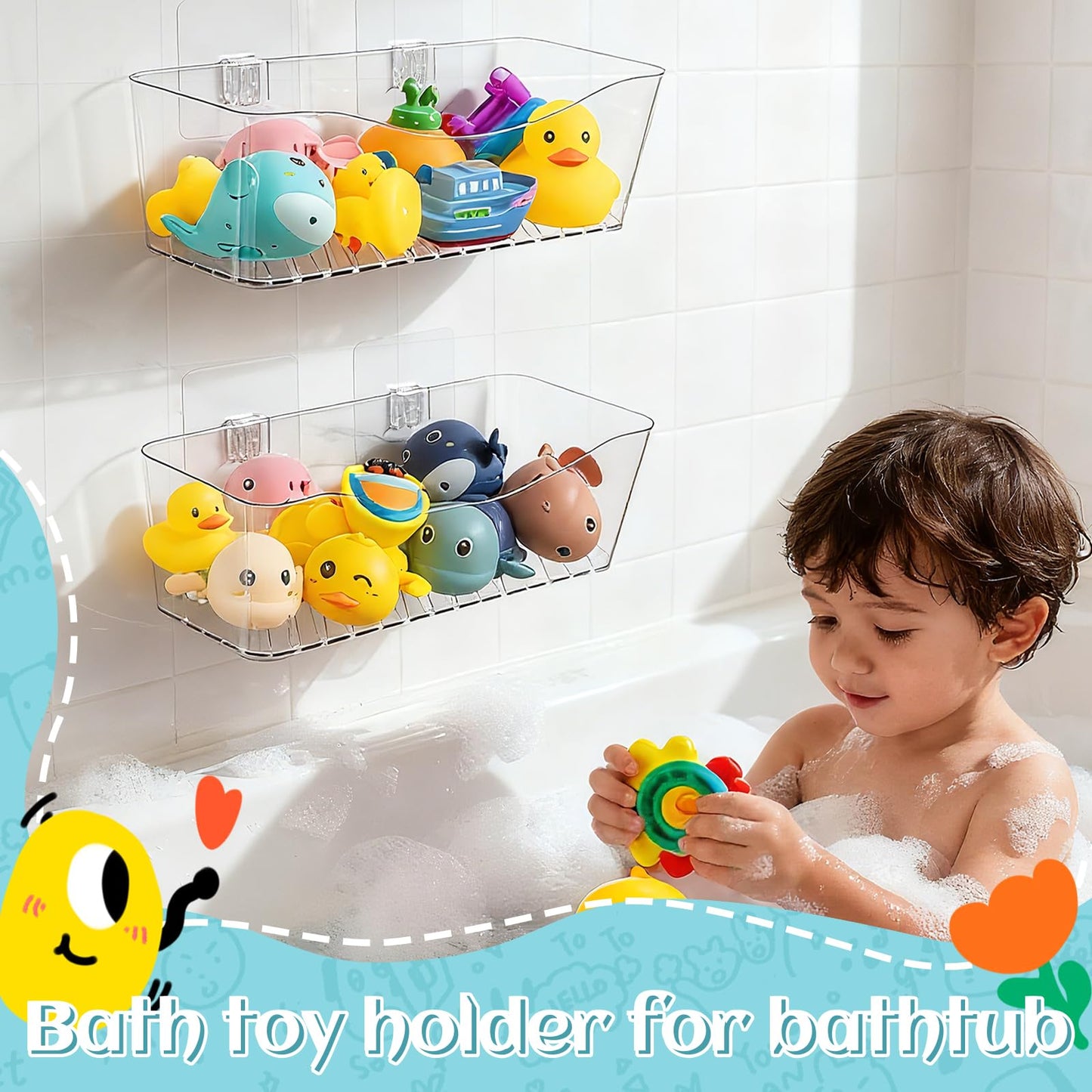 MIUKAA 2 Pack Large Bath Toy Storage Organizer, Clear Bathroom Toy Holder, Plastic Bathtub Toy Basket Quick Draining