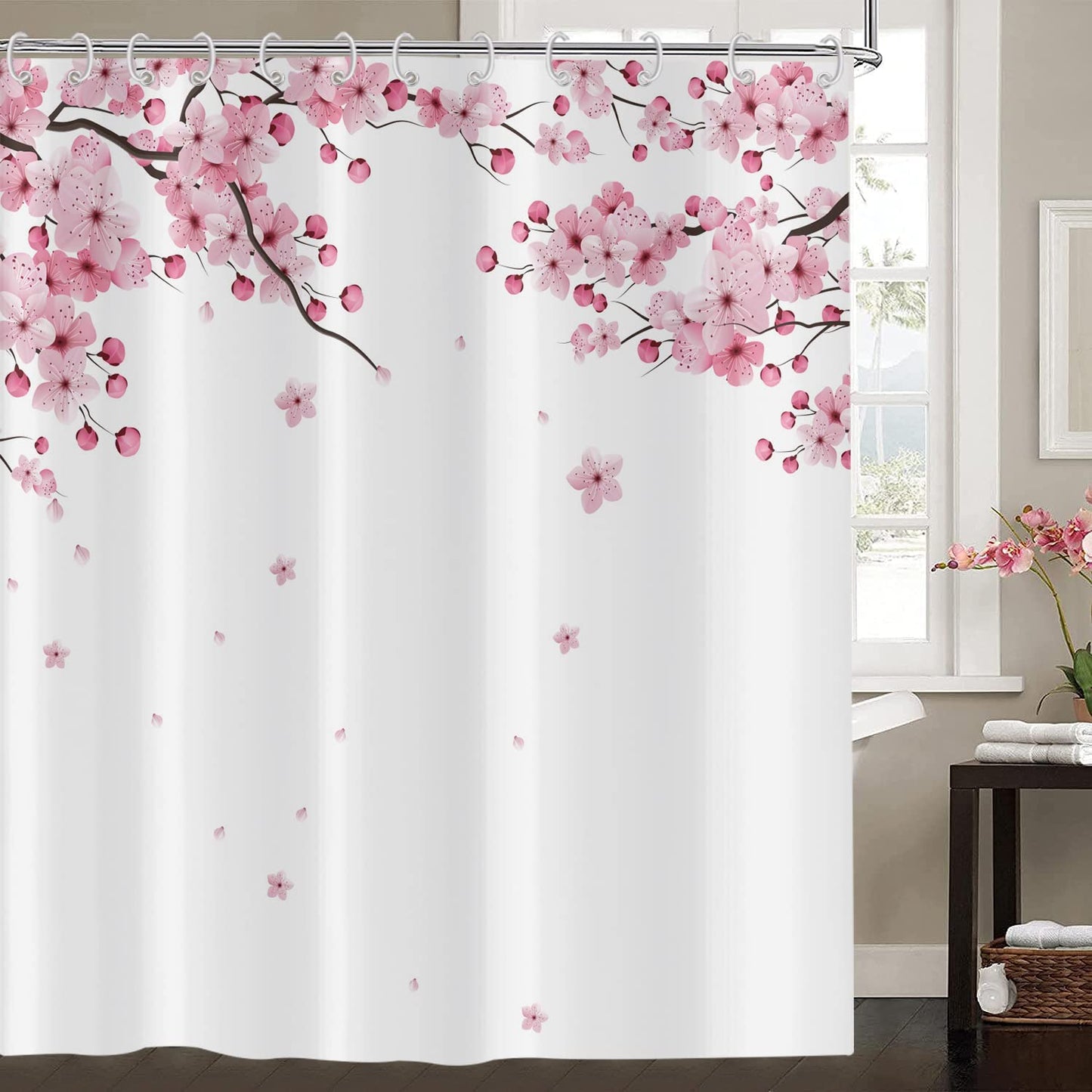 Hnmdmyi Cherry Blossom Shower Curtain 180x200, Pink Floral Shower Curtains Japanese Asian Style Sakura Art Bathroom Curtains with Hooks Waterproof