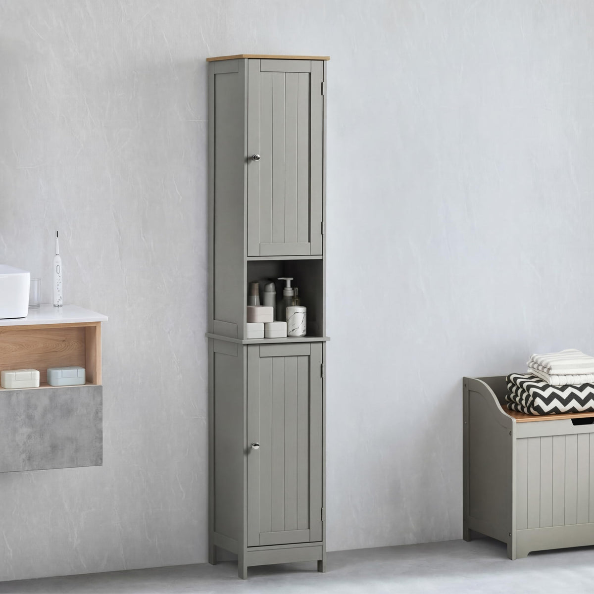 Bath Vida Priano Freestanding 2 Door Tall Storage Cabinet, Grey & Oak
