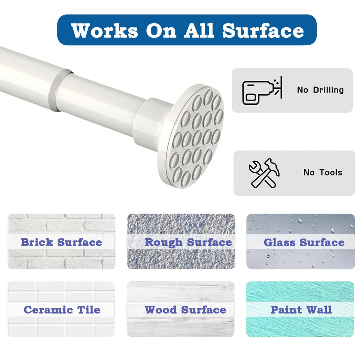 2PCS Curtain Pole No Drill Extendable Shower Curtain Rail Extra Long Shower Rail Anti-Slip Curtain Rod for Living Room,Bedroom