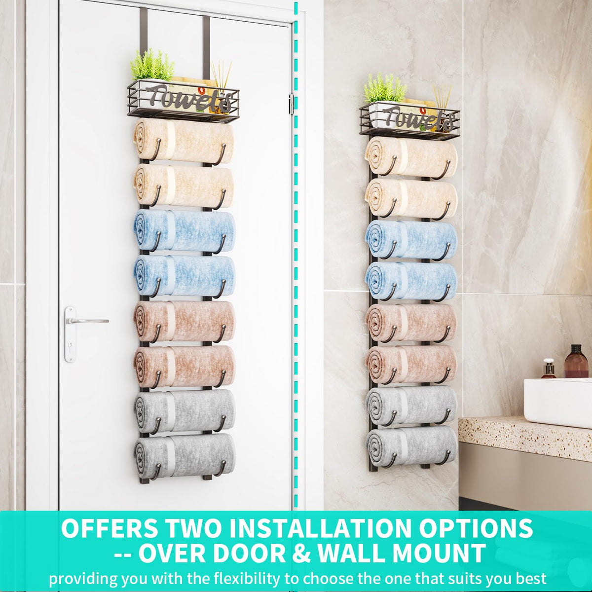 HapiRm Over Door Towel Rack - Towel Storage Rack Wall Mounted with Metal Shelf Basket