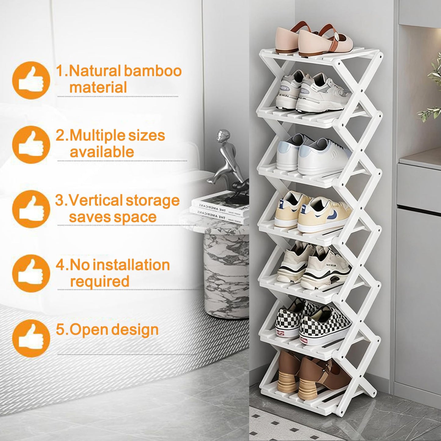 GIRYES Small Shoe Rack White, 7 Tier Bamboo Foldable Shoes Organizer Free Standing Shelf for Entryway, Bedrooms, Closet, Living Room Corner