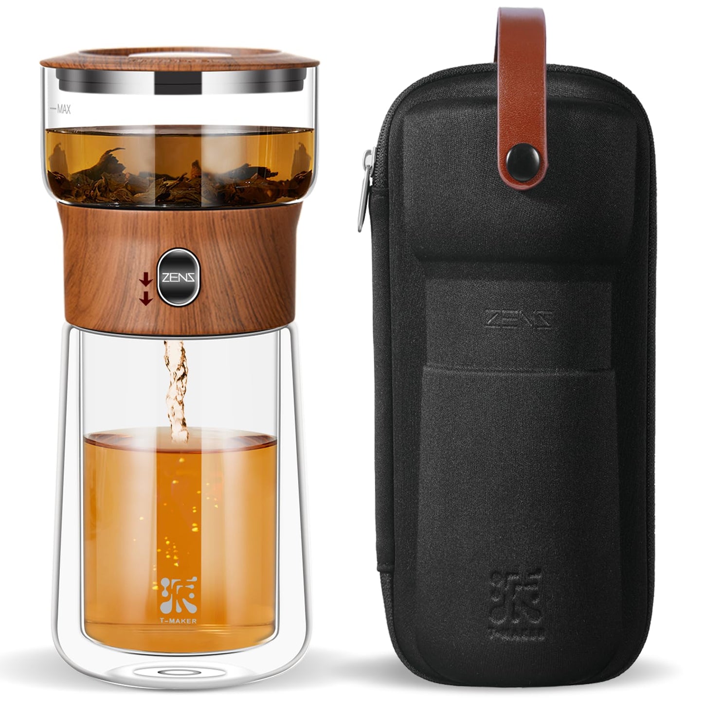 ZENS Modern Solo Tea Infuser Teapot, Smart One Touch Drip Tea Pot for Loose Tea Diffusers, Small Glass Gongfu Magical Teapot with 270ml Insulated Cup