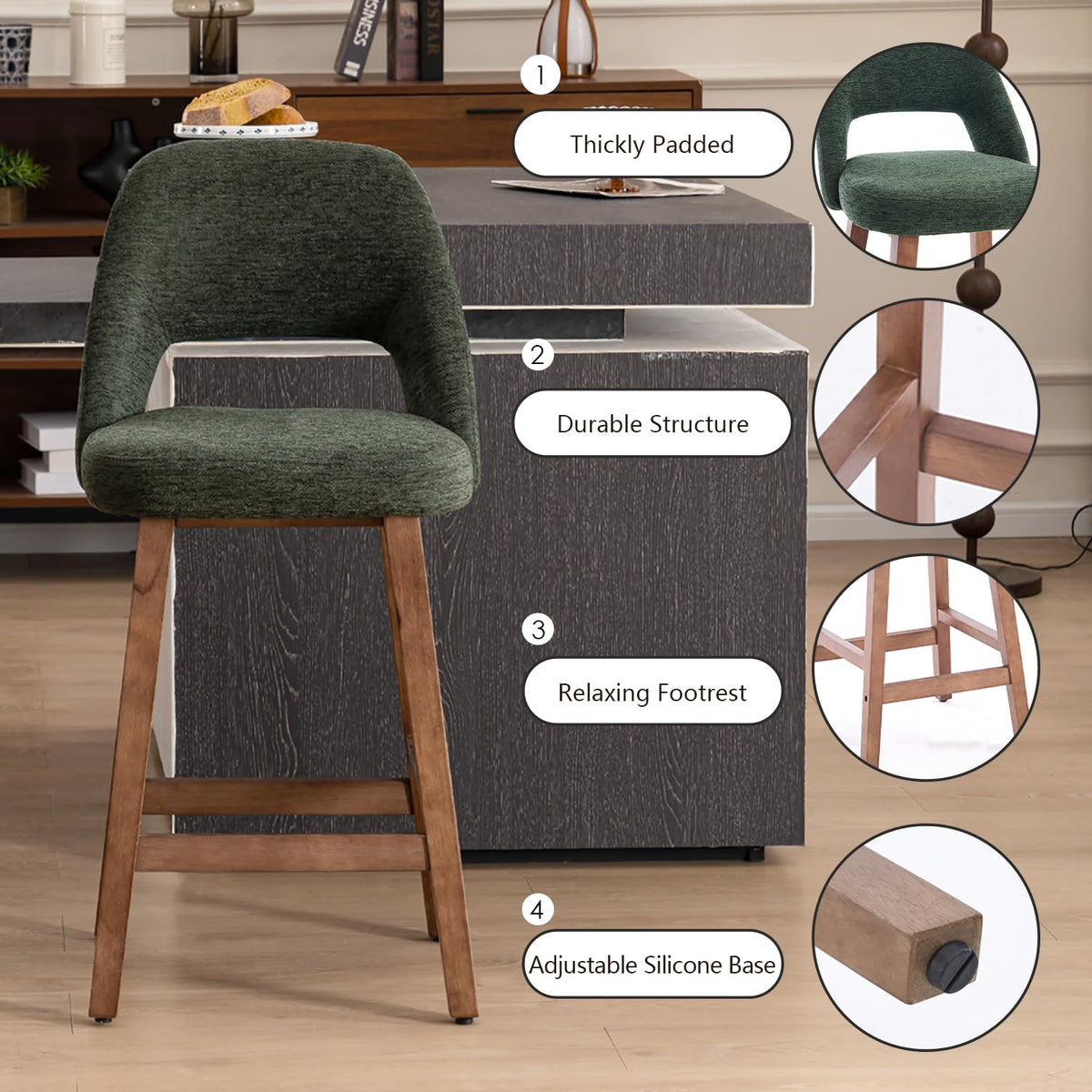 Kidol&Shellder Bar Stools Set of 2, 67cm Counter Height Bar Chairs, Green