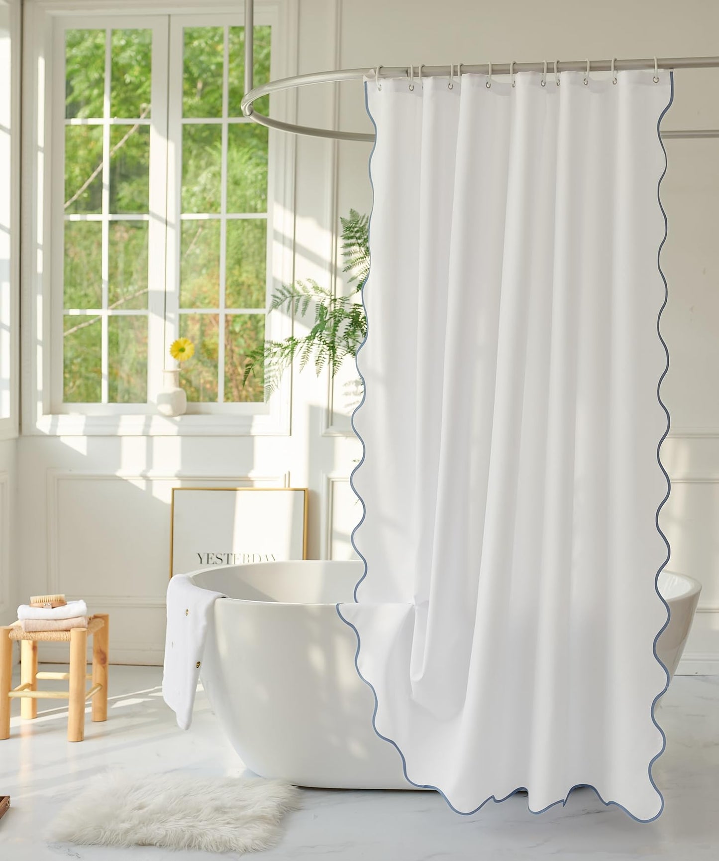 youngseahome White Fabric with Water Blue Scalloped Border Shower Curtain,Boho Chic Cloth Shower Curtain for Bathroom Showers,72 x 72 Inches