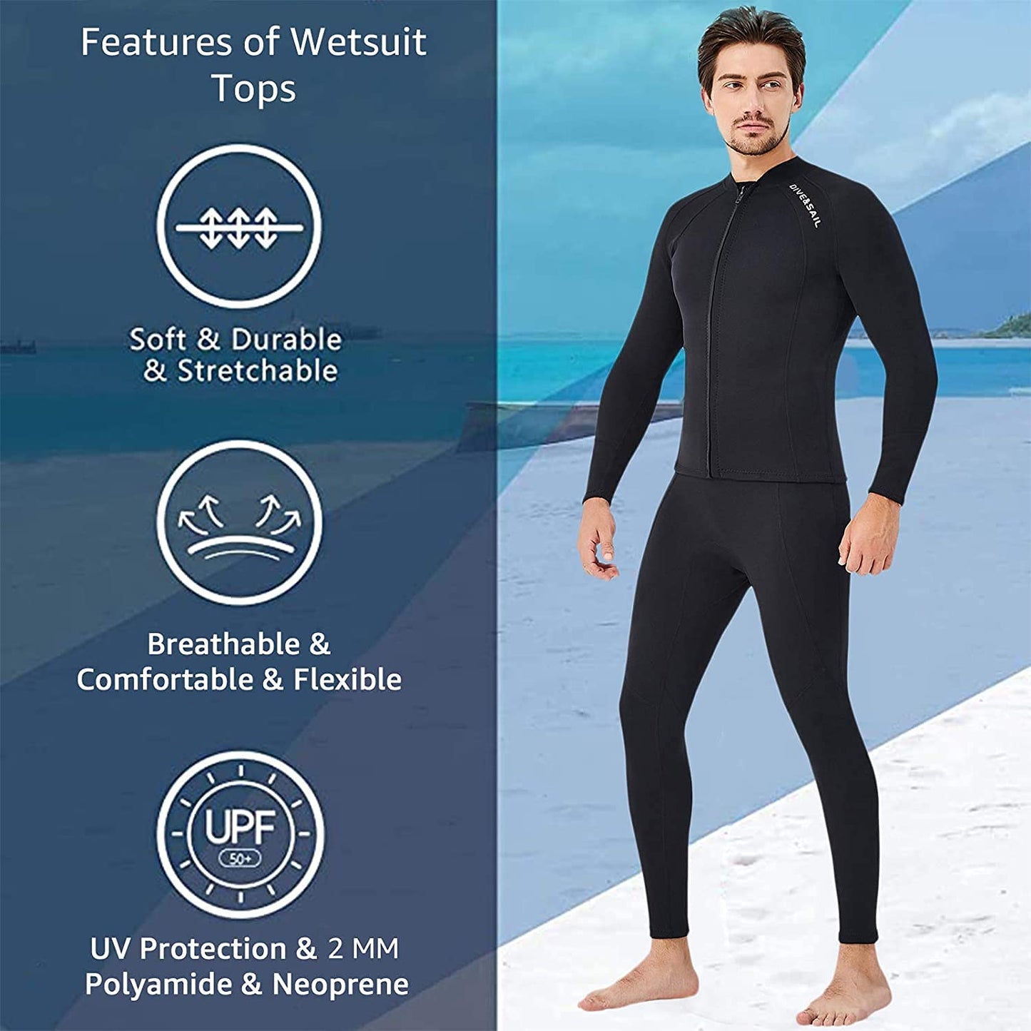 EUPTE 2mm Wetsuits Women/Men Long Sleeve Jacket UPF50+ UV Protection Diving Skin Suit Top for Scuba Diving Snorkeling Surfing Swimming (men, L)