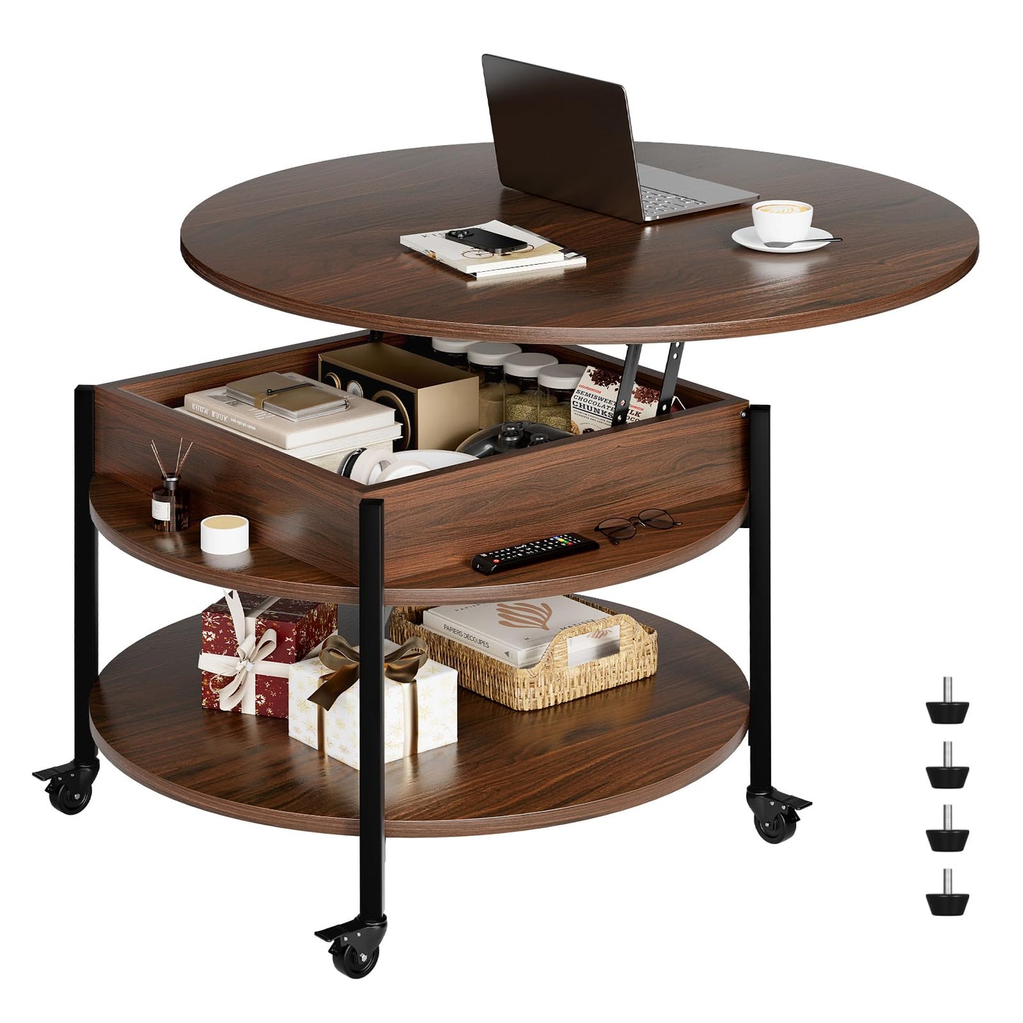 Mossora Espresso Round Lift Top Coffee Table with Lockable Wheels & Storage