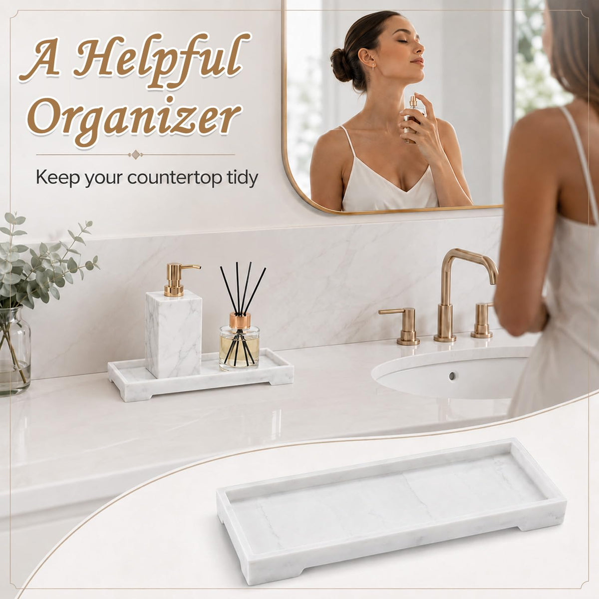 Marble Tray, Silicone Bathroom Tray, Rectangular Tray Organiser, Mold-proof, Space Saving Decorative Countertop Tays for Bathroom Vanity Kitchen