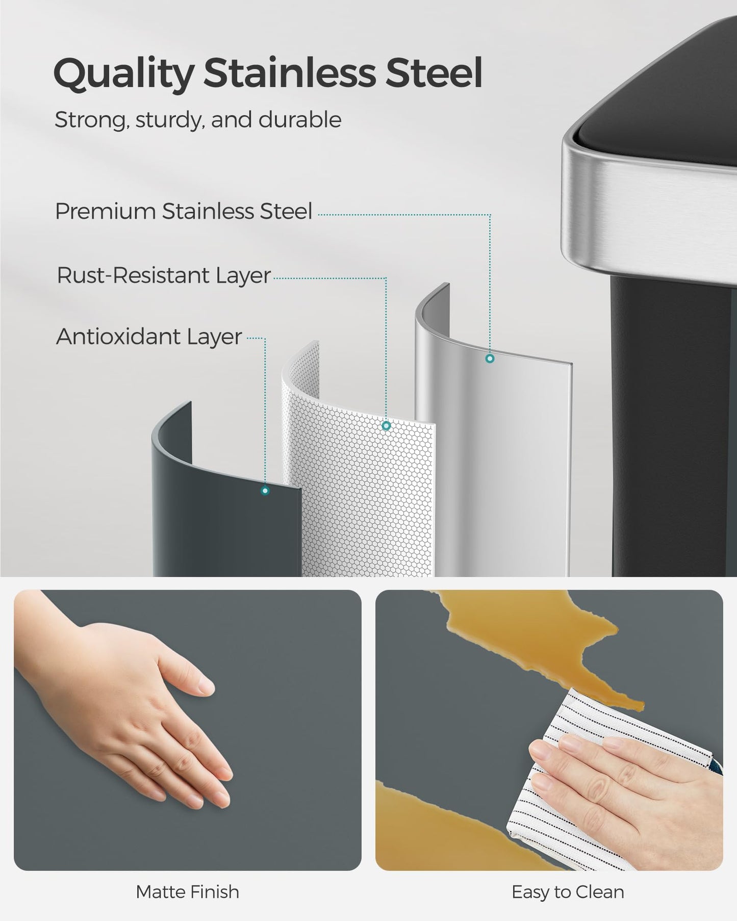 SONGMICS Kitchen Bin, 2 x 30L Stainless Steel Pedal Rubbish Bin with 15 Trash Bags, Recycling and Waste, with Plastic Inner Buckets, Lid, Soft