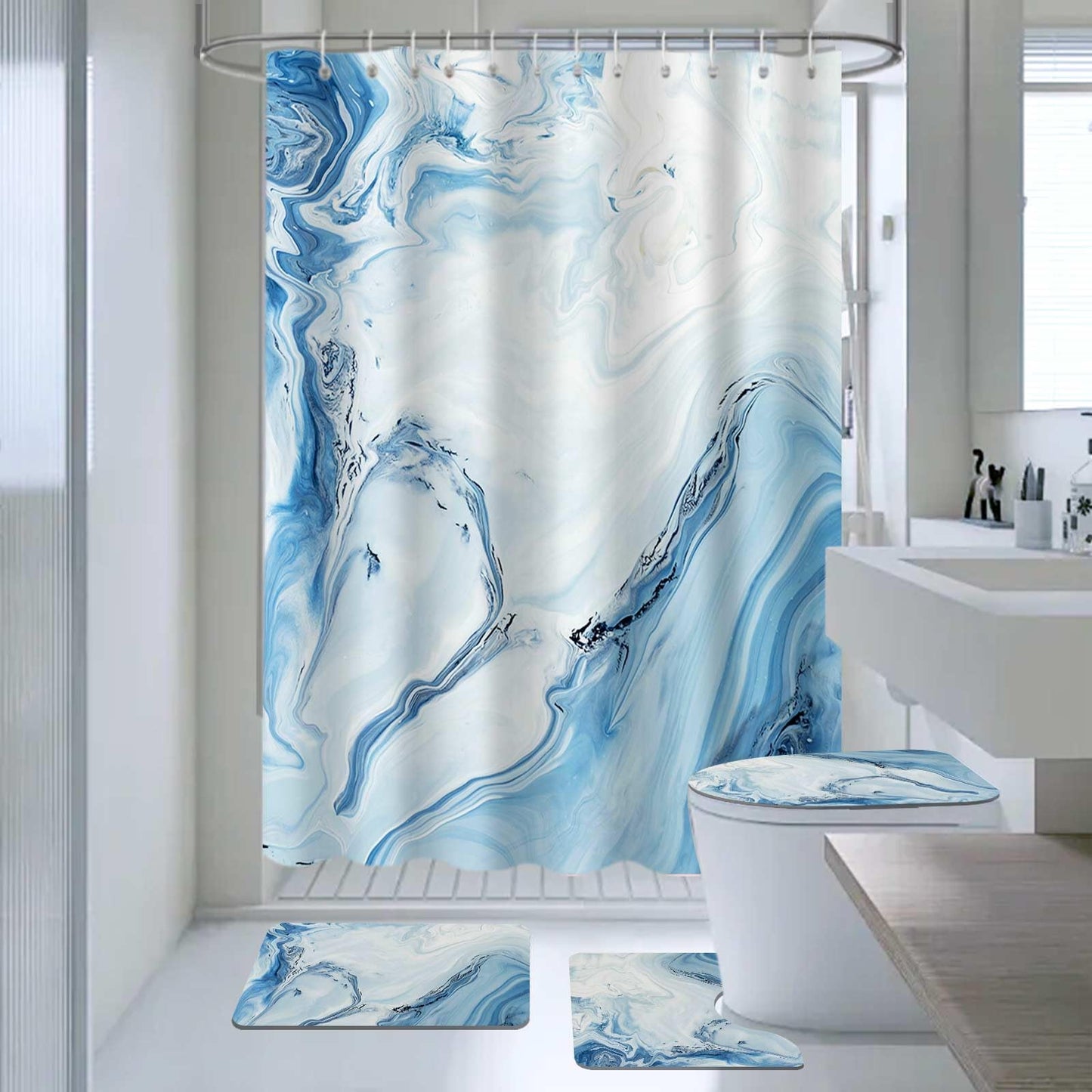 AIBIIN Marble Shower Curtain Sets 4 Piece Abstract Blue Shower Curtain Set with Non-Slip Rugs, Modern Toilet Lid Cover and Bath Mat