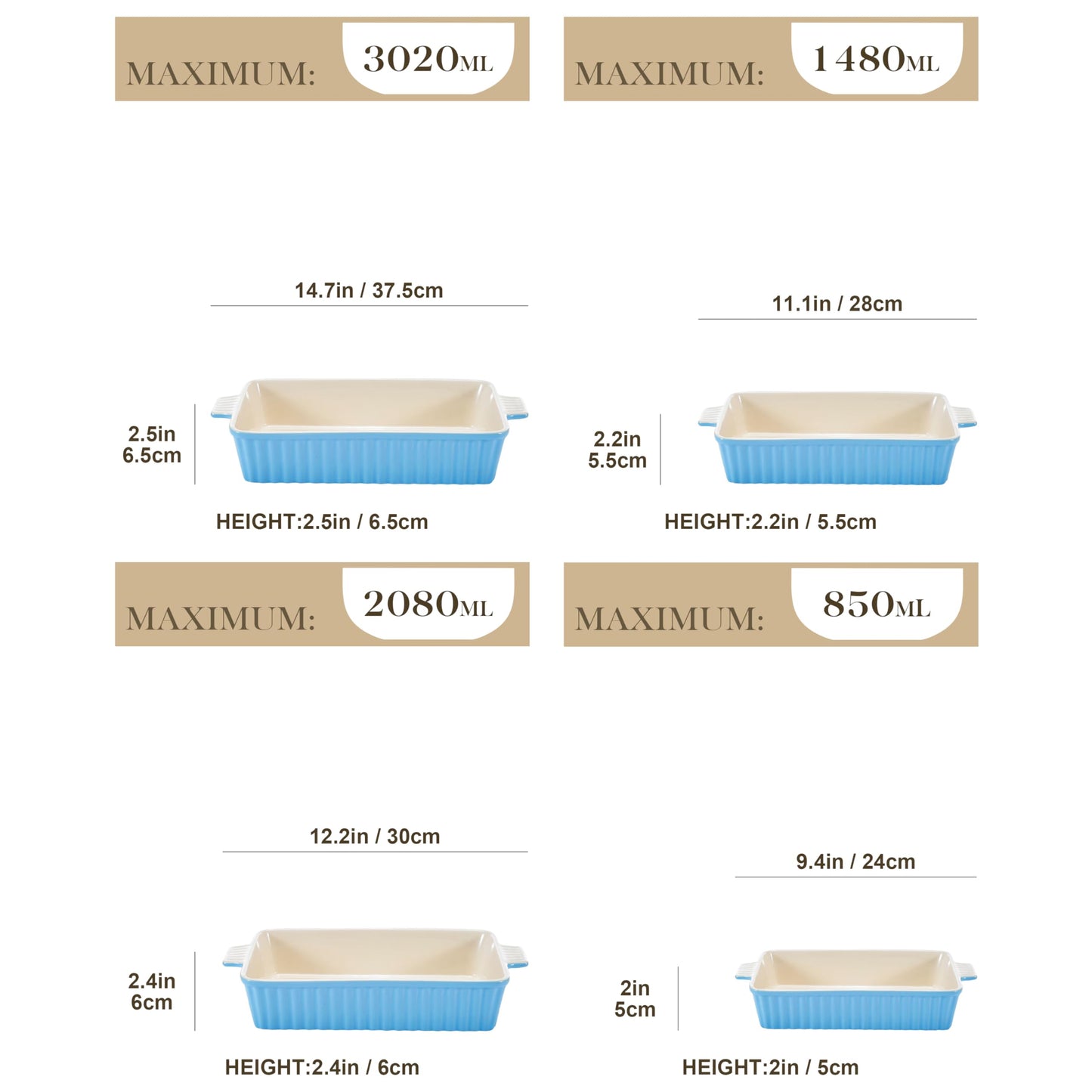MALACASA, Series Bake, Rectangular Baking Dish Set of 4 (9"/11"/12"/14"), Oven to Table Baking Dish with Ceramic Handles Ideal for