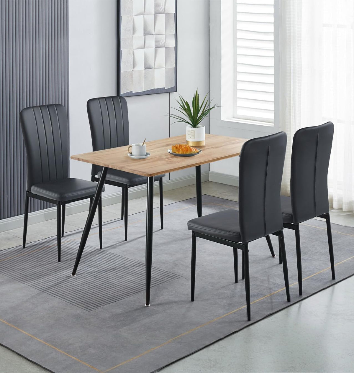 Hallowood Furniture Cullompton Small Dining Table and Chairs Set 4, Brown Oak Effect Top Rectangular Kitchen Table and Chairs in Black Faux Leather
