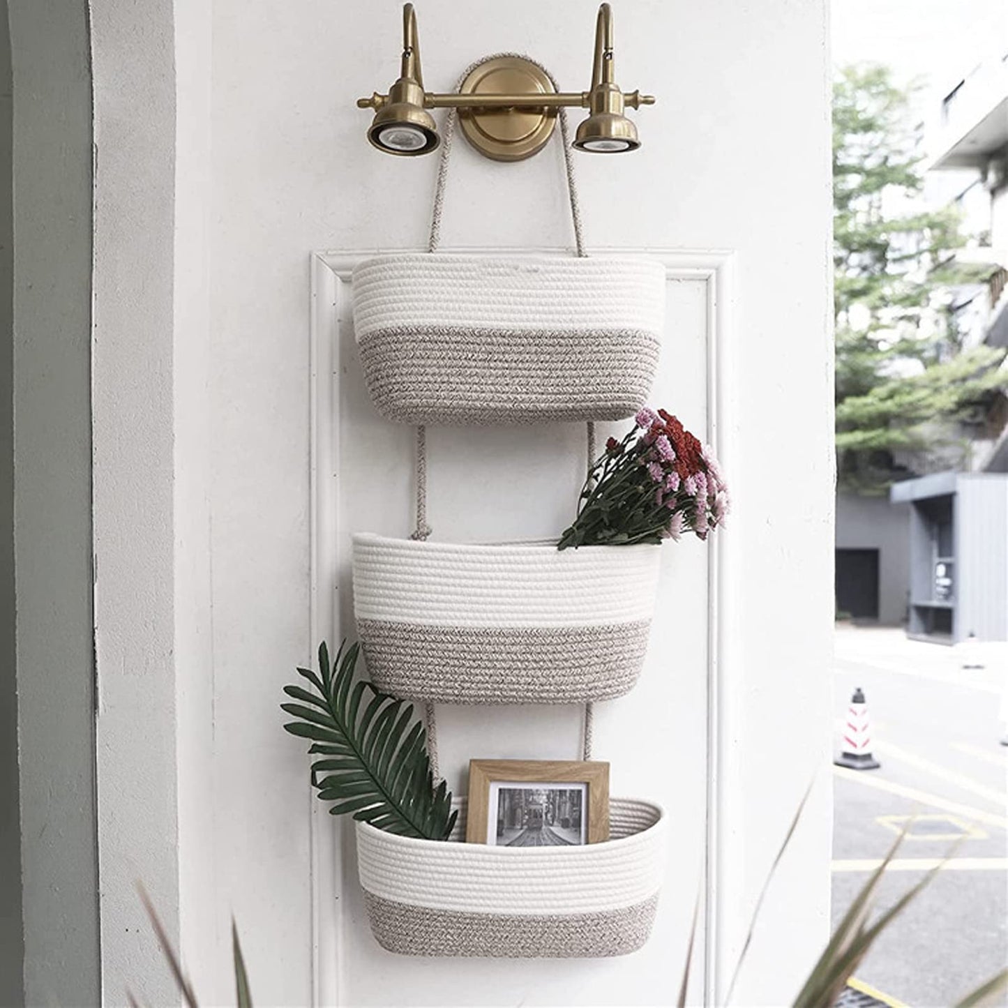 URCheers 3-Tier Over the Door Hanging Basket, Wall Mount Hanging Storage Organiser Woven Rope