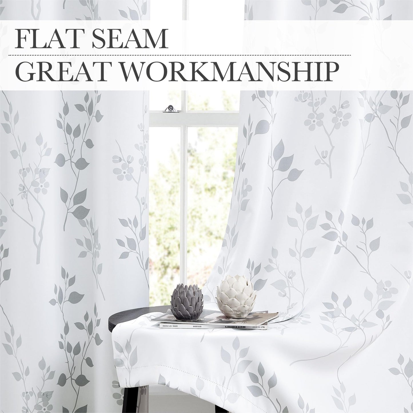 Beauoop Grey Floral Blackout Curtains for Bedroom Living Room 72 Inch Drop Leaf Print Eyelet Curtain Botanical Thermal Insulated Noise Reducing Drapes