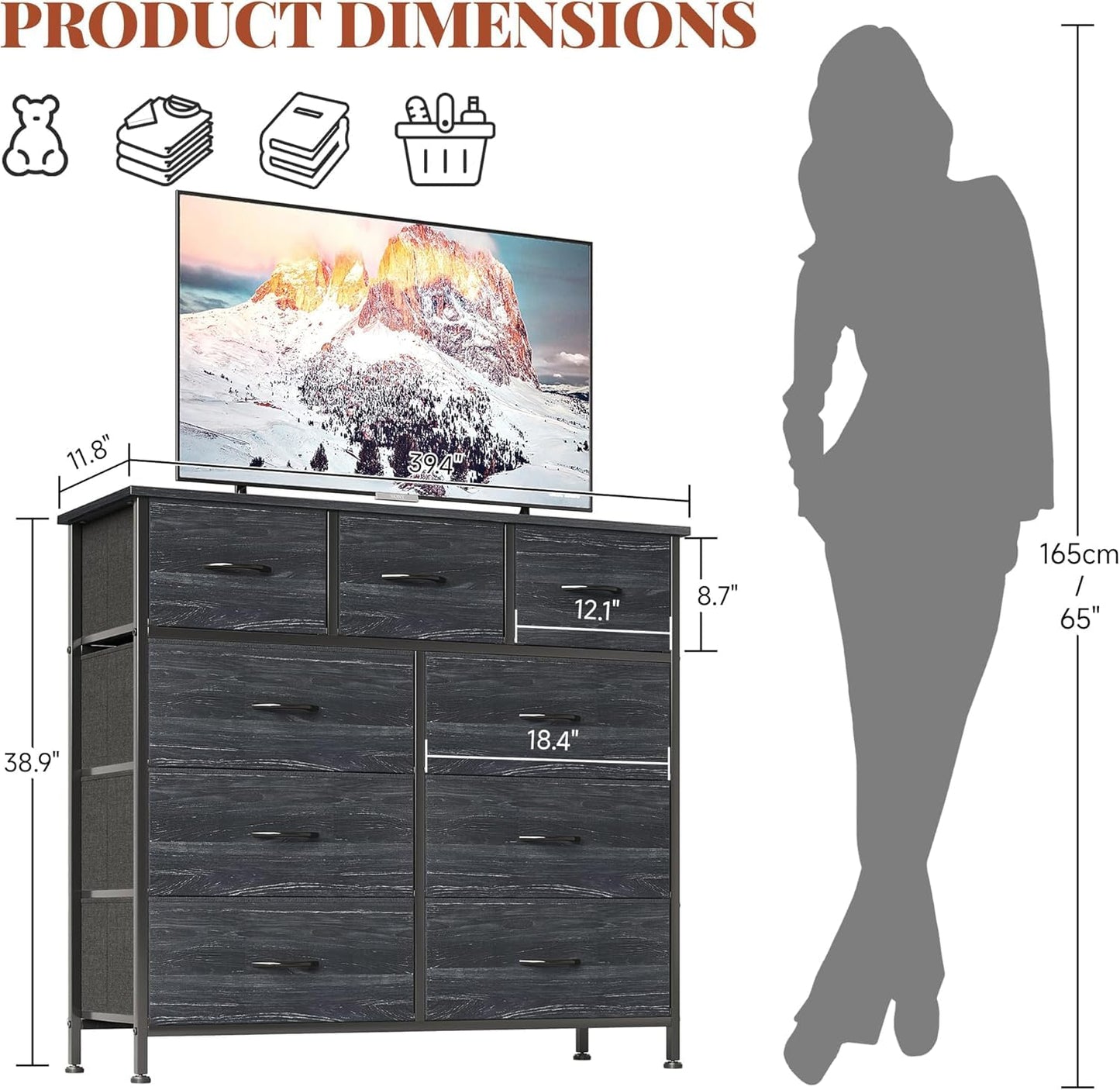 CAIYUN Chest of Drawers with 9 Drawers, Fabric Storage Dresser for Bedroom, Tall Drawer Organizer Unit for Entryway, Hallway,Charcoal Black