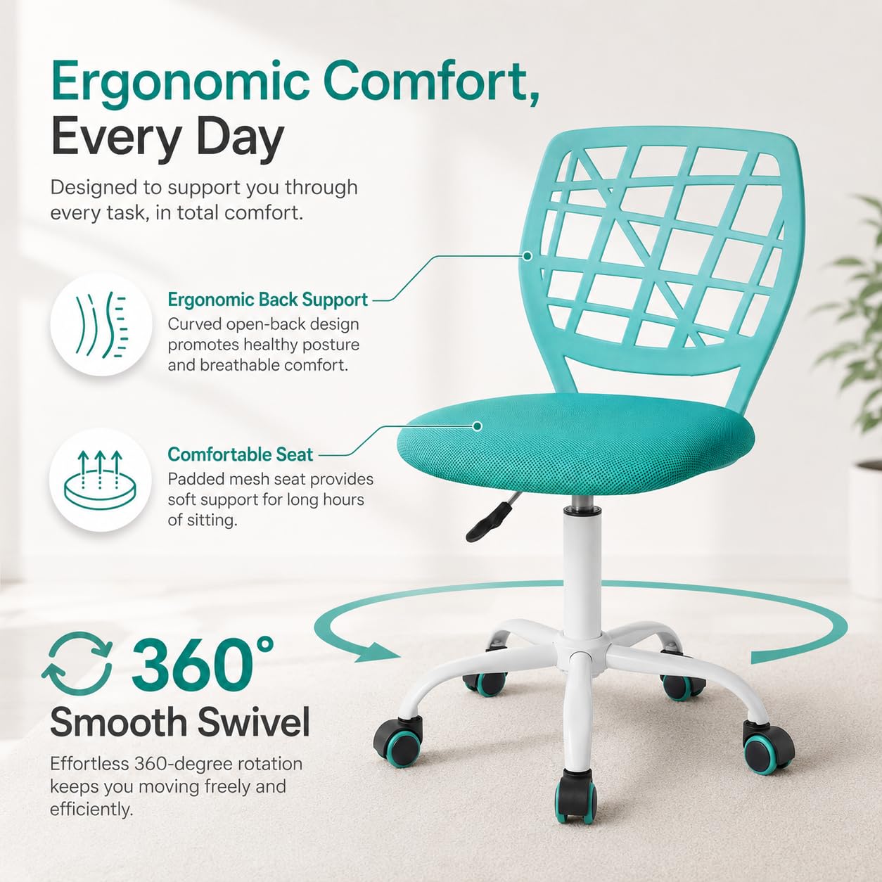 Homy Casa Desk Chair Linen Fabric Seat Ergonomic Swivel Task Chair without Armrest Adjustable Height Office Chair Home Office for Kids Teens, Aqua I