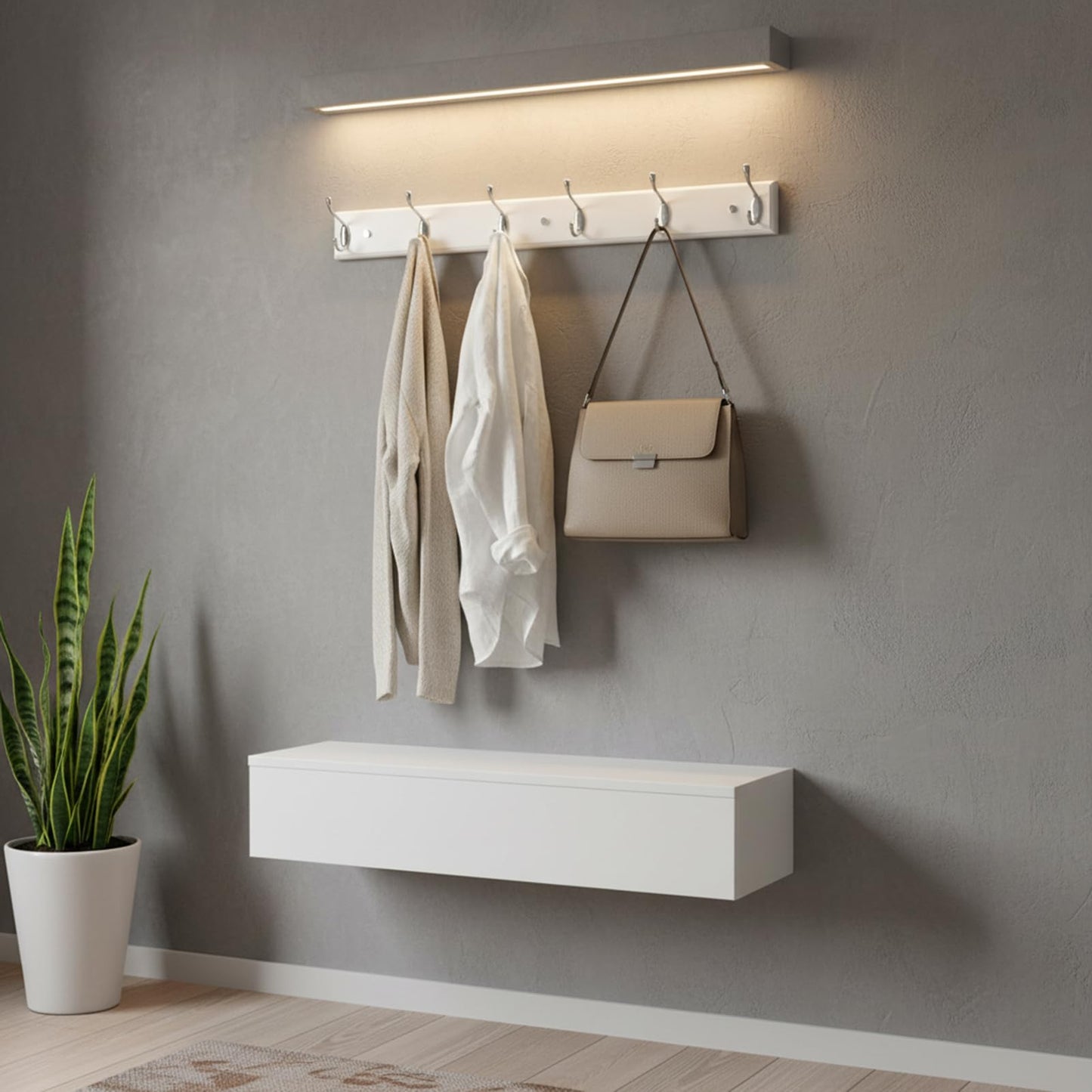 lomejii Long Wooden wall Mounted Coat Rack Wood White 6 Hooks, 70 cm, Sturdy Silver Coat Hook Rack for Clothes, Hats, Bags