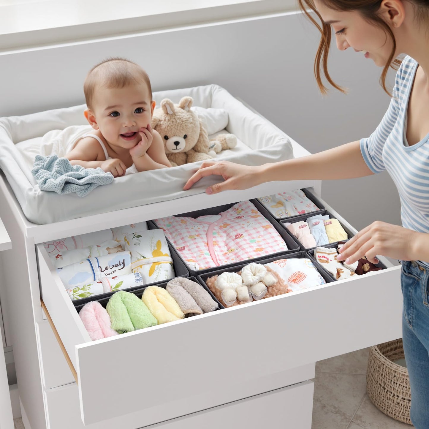 ORLISA Drawer Organisers, Drawer Dividers for Clothes, Set of 7, 3 Size Foldable Baby Drawer Organiser, Stay Organised