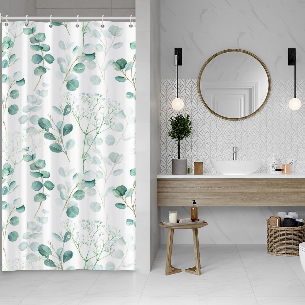 ASDCXZ Eucalyptus Leaves Shower Curtain 90x180 cm, Spring Turquoise Eucalyptus Leaves Flowers Bath Washable Narrow Shower Curtains Polyester Textile