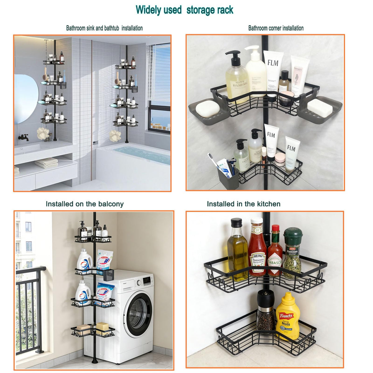 YEVVAIOC Corner Shower Caddy Tension Pole,43 to 121 Inch Adjustable Bathroom Organizer Shelves Rustproof with 4-Tier, for Small Bathrooms