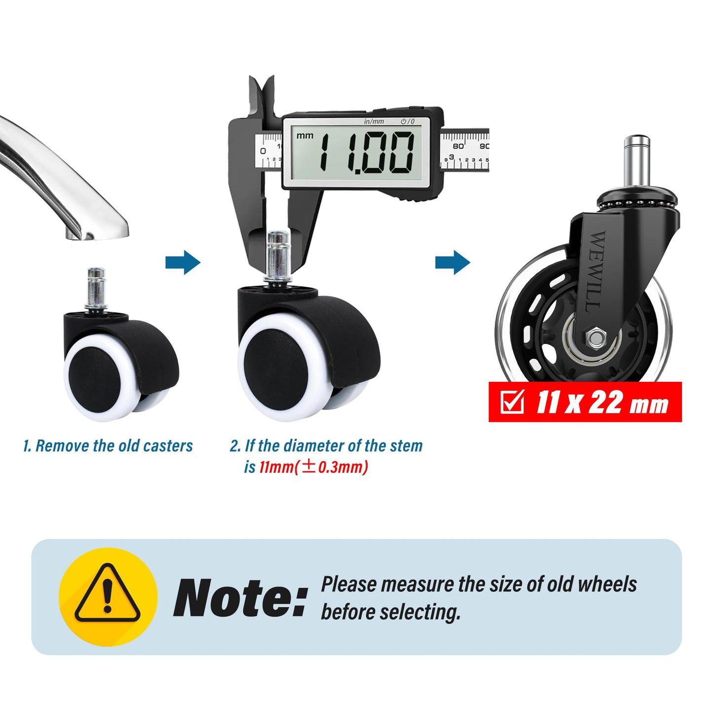 WEWILL Office Chair Wheels Caster 3" Rollerblade Rubber Replacement Castors up to 300KG for Hardwood Floors and Carpet - Universal Fit, Not for IKEA