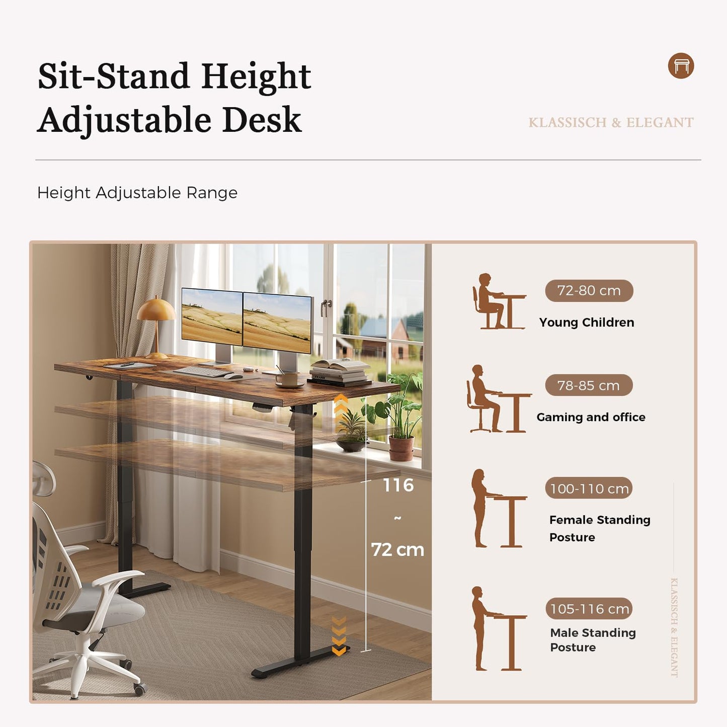 Klicelor Electric Standing Desk, 2 Memory Buttons for stand & sit, 140x60