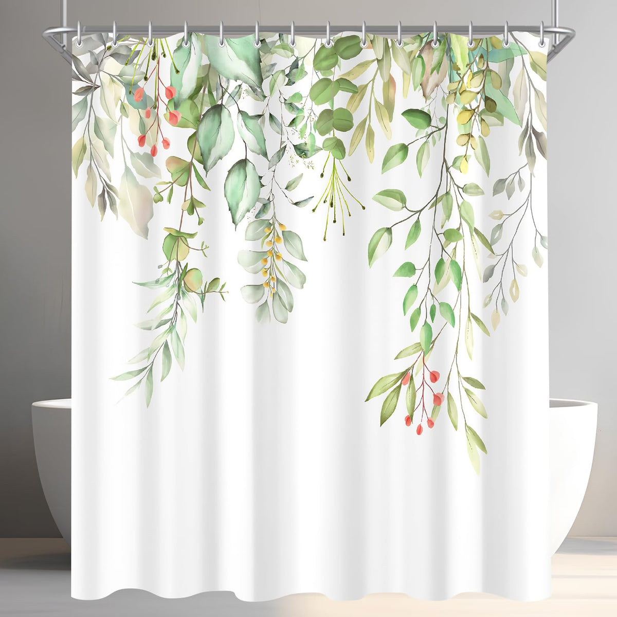 Lerores Shower Curtain, 180 x 200 cm, Clear Leaves, Weighted Hem, Anti-Mould Textile, Water-Repellent, Washable Polyester Bath Curtains with 12