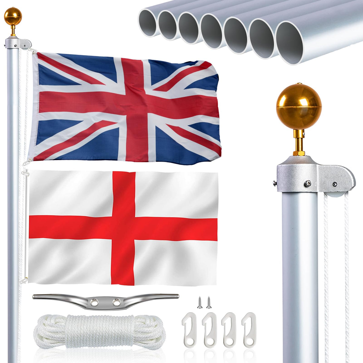 NQ 20FT (6M) Flag Poles for Garden, Sectional Heavy Duty Aluminum Flag Pole Kit with UK Flag, Flag Pole Topper, Flagpole Rope, Outdoor in Ground Flag