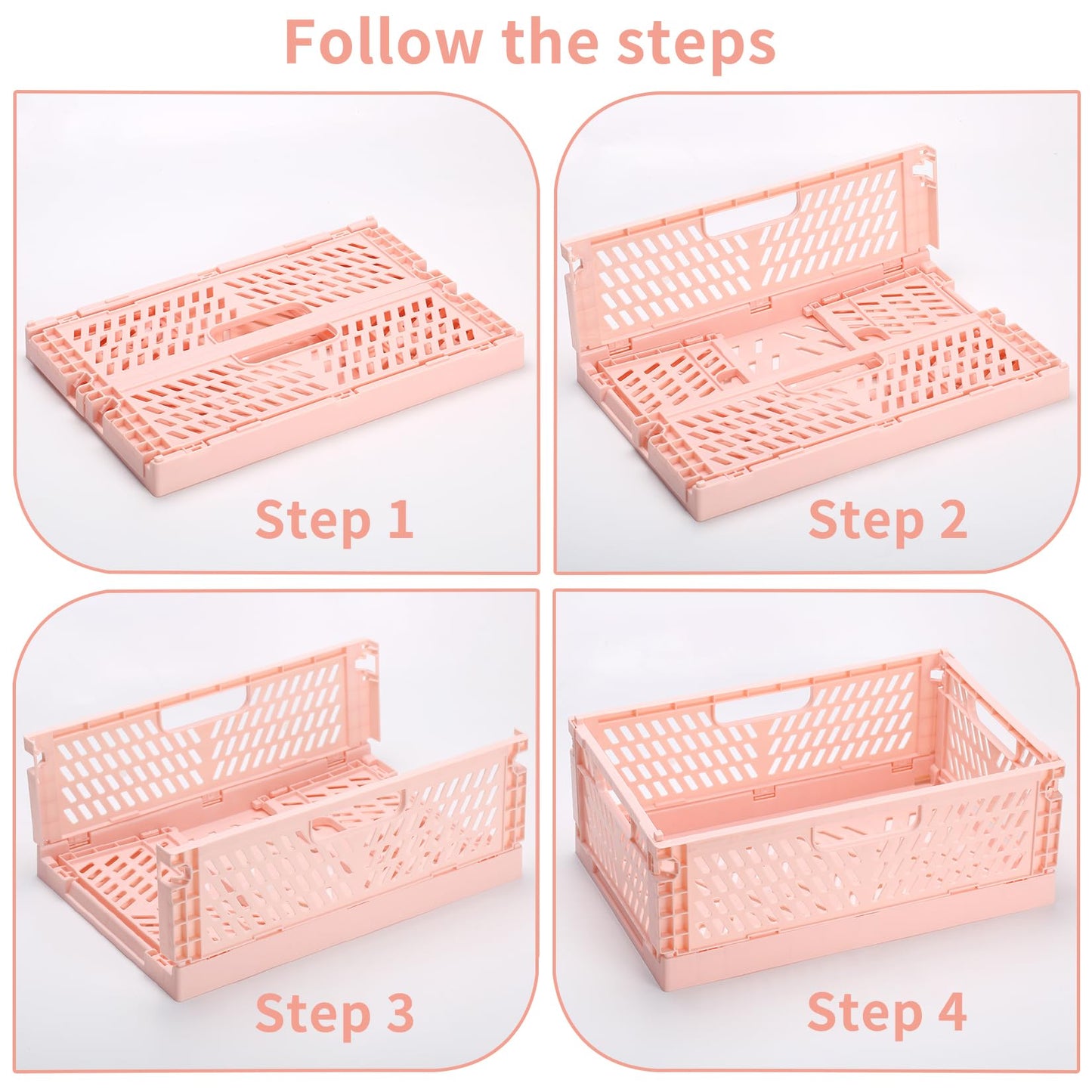 PIANKEKE 2 Pcs Collapsible Storage Box Pink, Plastic Stackable Folding Storage Crates with Handles
