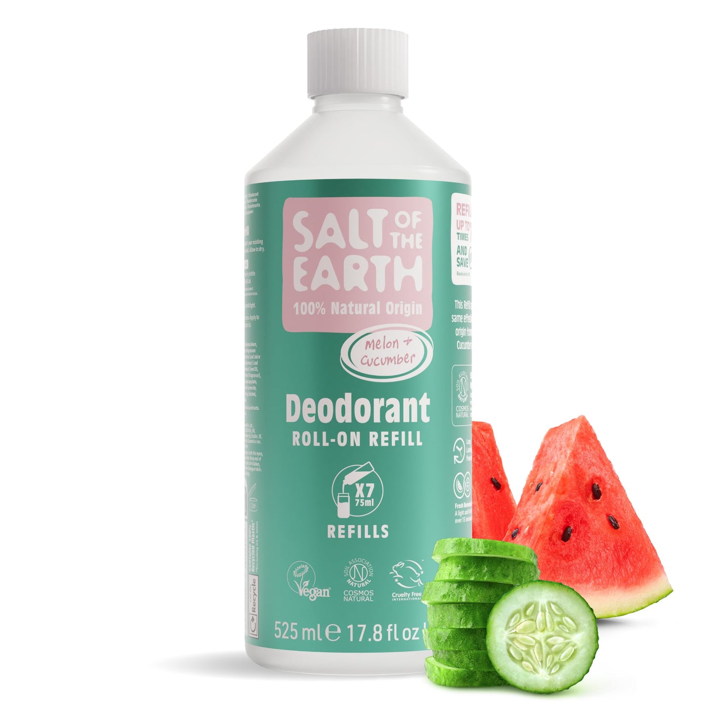 Salt of the Earth - Natural Deodorant Roll on Refill - x7 Uses - Melon & Cucumber - 100% Natural Origin Ingredients - Vegan - Suitable for Men, Women