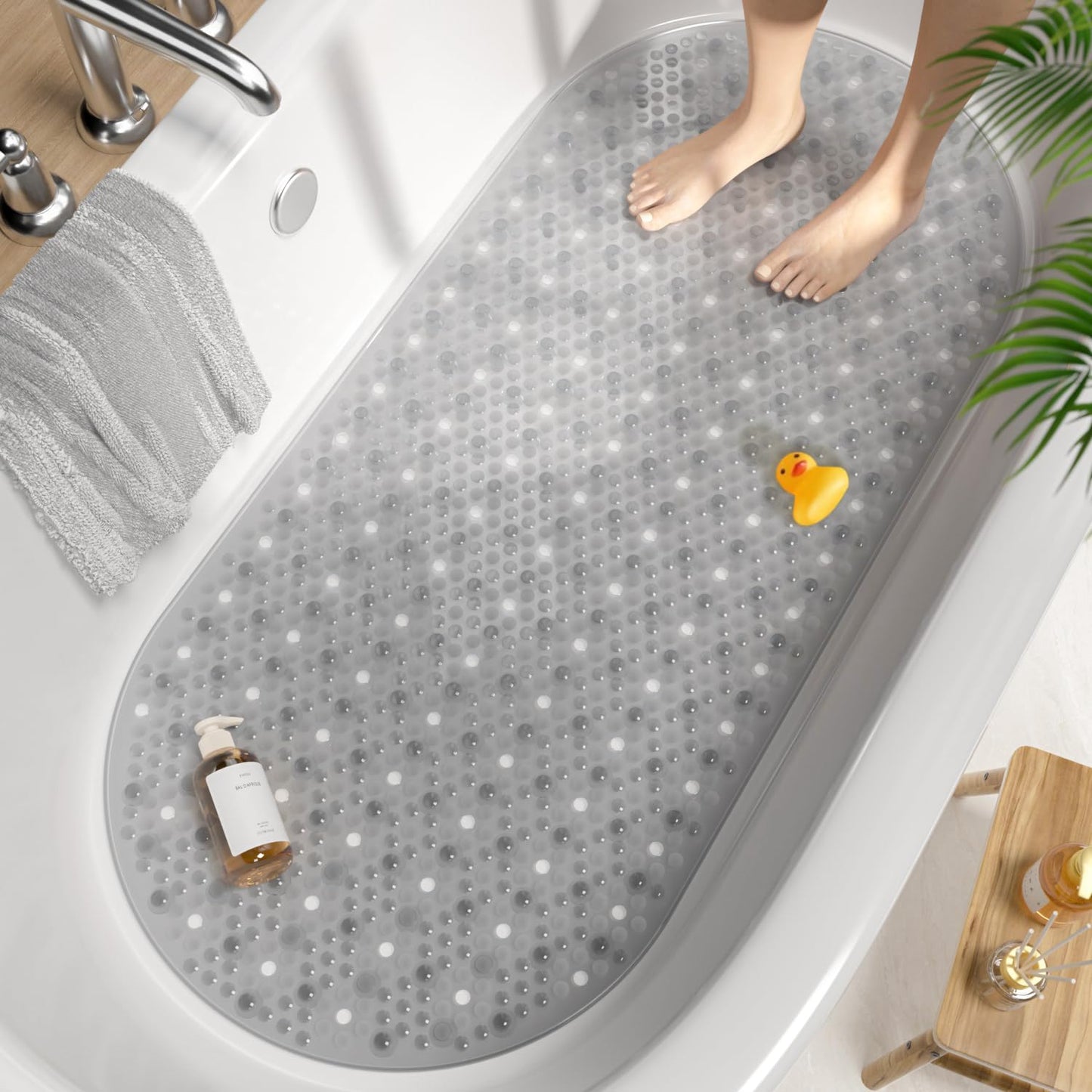 HITSLAM Oval Bath Mat Non Slip Anti Mould Kids Shower Mat, 88x40cm, Grey