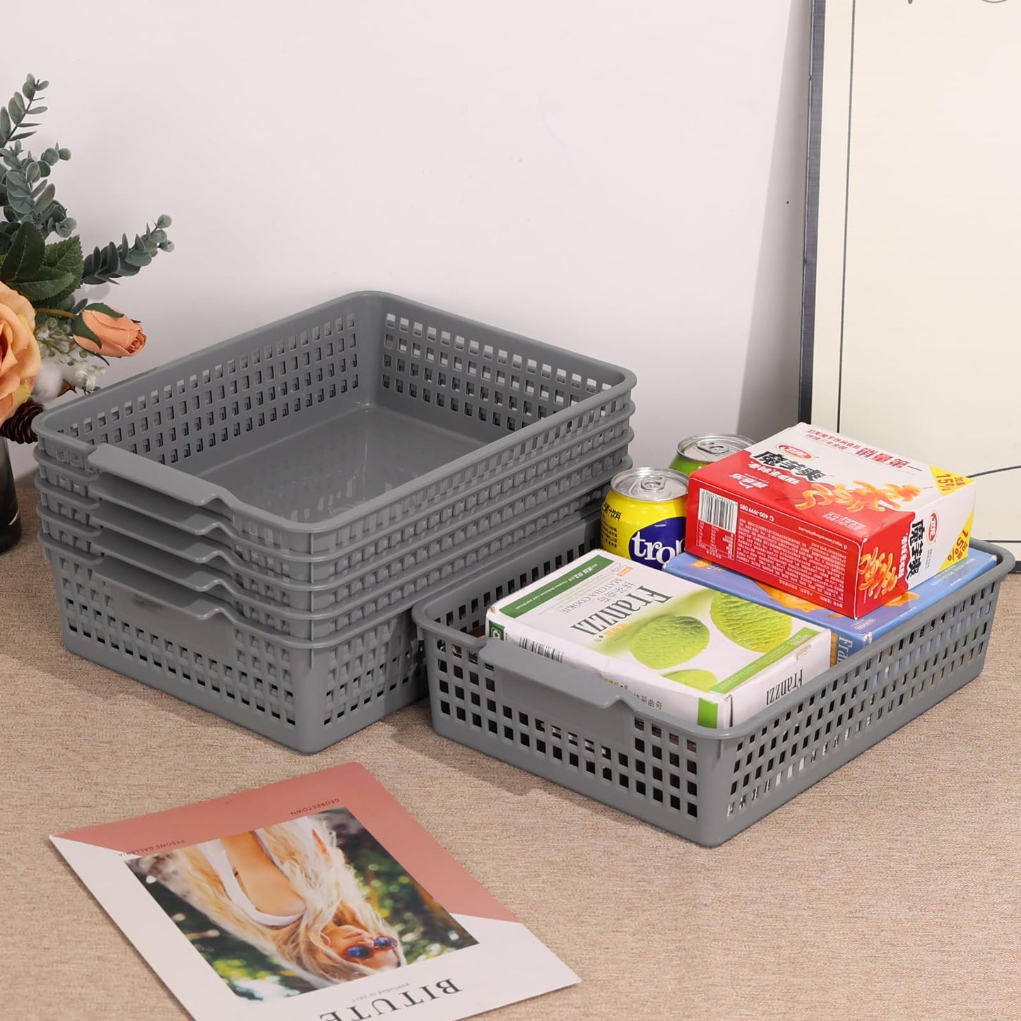 Farmoon 6 Packs Plastic Storage Basket Trays, A4 Paper Storage Basket, Grey