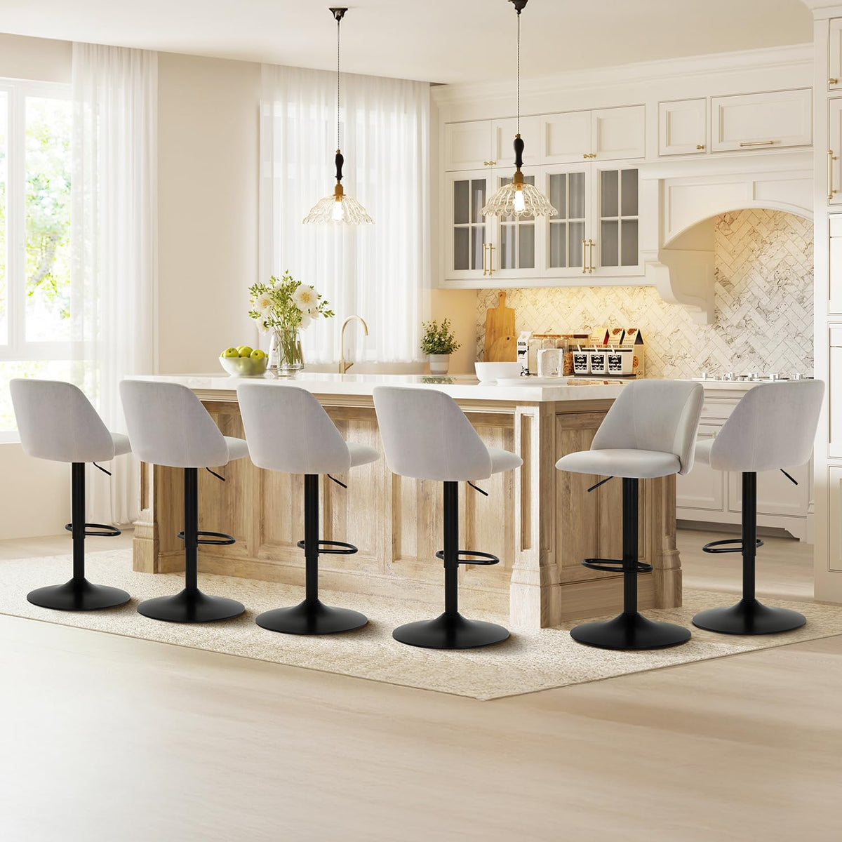 COLAMY Breakfast Bar Stools Set of 2, Modern Swivel Kitchen Stool, Adjustable Upholstered Barstools Counter Height with Square Open Back for Bar